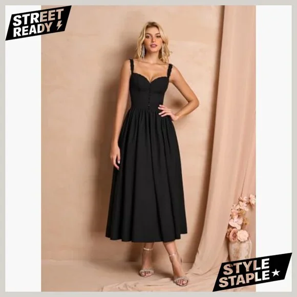 Midi Dress with Pockets A-Line Lace Spaghetti Strap Formal Summer Sundress